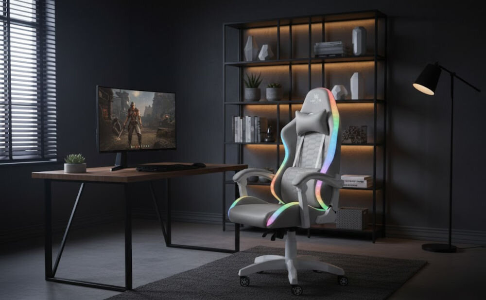 Fotel HELL'S CHAIR HC-1000 LED RGB Szaro-biały prezentacja fotela w pokoju do 120 kg bezpieczne stabilne użytkowanie trwałość wygoda