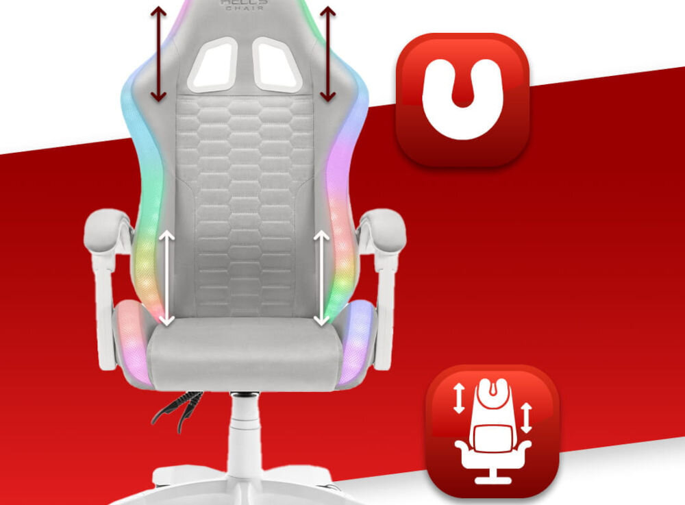 Fotel HELL'S CHAIR HC-1000 LED RGB Szaro-biały prezentacja fotela na czerwono-białym tle strzałkami zaznaczona możliwość regulacji poduszek ikony poduszka lędźwiowa poduszka wspierająca mięśnie karku odpowiednie podparcie dla ciała komfort suwak wymiana wypełnienia indywidualne potrzeby