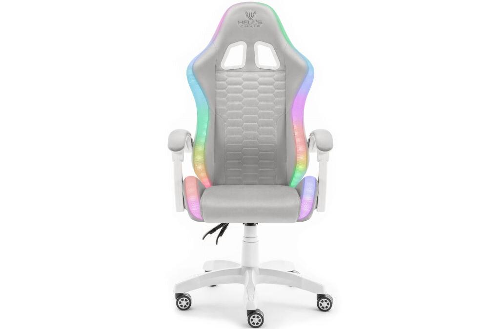 Fotel HELL'S CHAIR HC-1000 LED RGB Szaro-biały prezentacja fotela od przodu na białym tle obok dziecko wymiary stabilność
