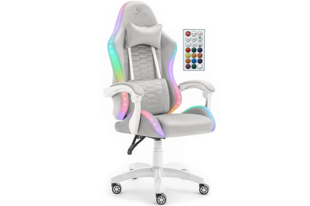 Fotel HELL'S CHAIR HC-1000 LED RGB Szaro-biały prezentacja fotela od przodu pod kątem na białym tle obok pilot podświetlenie LED RGB do wyboru kolor lub jeden z wielu programów dynamicznej zmiany barw pilot bateria