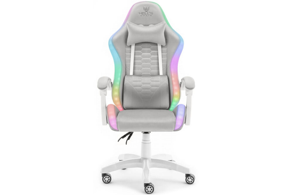 Fotel HELL'S CHAIR HC-1000 LED RGB Szaro-biały prezentacja fotela od przodu na białym tle solidna konstrukcja wypełnienie z termo-elastycznej pianki Free Air zimnej pianki CF sprzyja utrzymaniu prawidłowej postawy