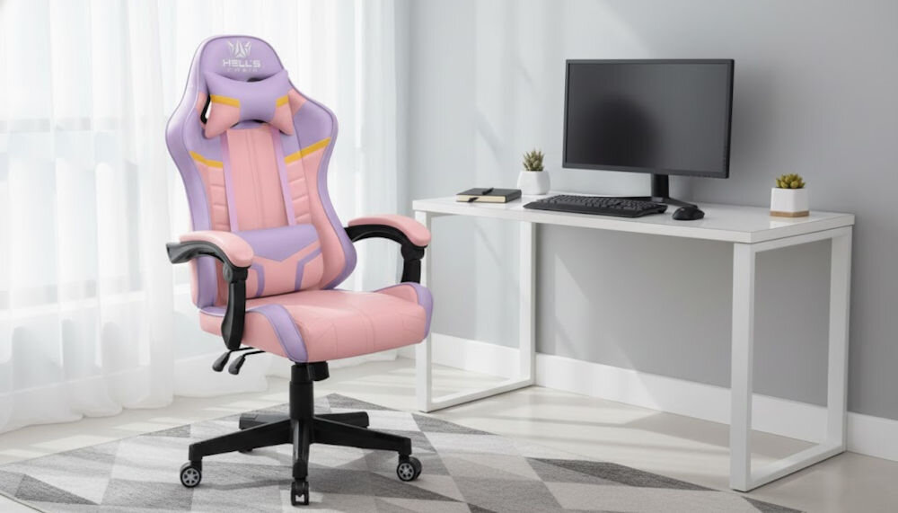Fotel gamingowy HELL'S CHAIR HC-1004 Różowy prezentacja fotela przy biurku w jasnym pokoju pod kątem od przodu