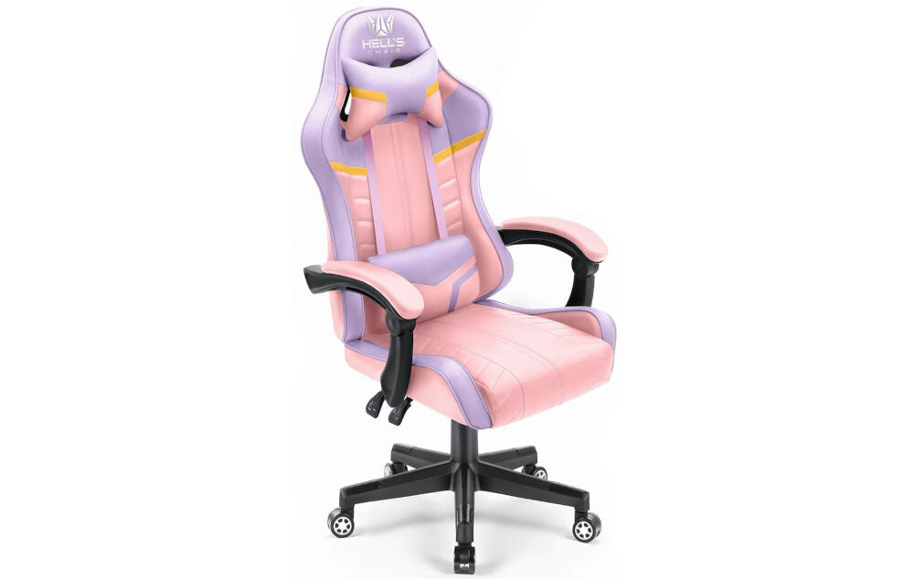 Fotel gamingowy HELL'S CHAIR HC-1004 Różowy prezentacja fotela od przodu pod kątem na jasnym tle wyróżniający się design komfort elegancka forma