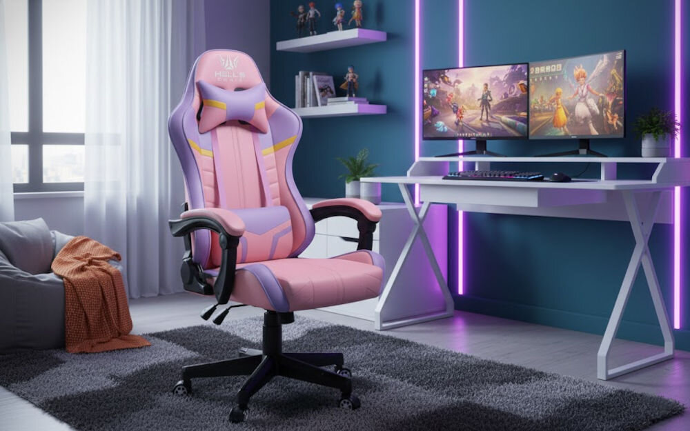 Fotel gamingowy HELL'S CHAIR HC-1004 Różowy prezentacja fotela w pokoju przy biurku do 120 kg bezpieczne stabilne użytkowanie trwałość wygoda