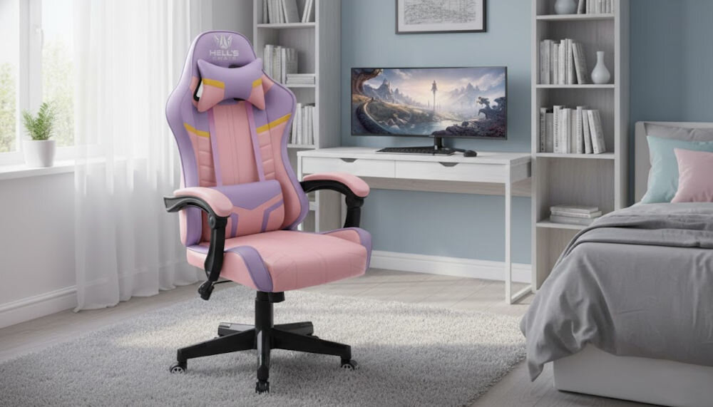 Fotel gamingowy HELL'S CHAIR HC-1004 Różowy prezentacja fotela przed biurkiem w pokoju wzrost optymalne dopasowanie podparcie ciała komfort