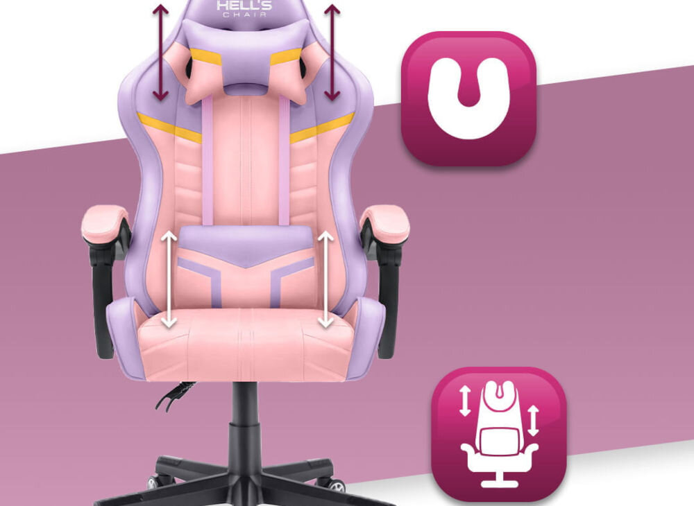Fotel gamingowy HELL'S CHAIR HC-1004 Różowy prezentacja fotela na różowo-białym tle strzałkami zaznaczona możliwość regulacji poduszek ikony poduszka lędźwiowa poduszka wspierająca mięśnie karku odpowiednie podparcie dla ciała komfort suwak wymiana wypełnienia indywidualne potrzeby