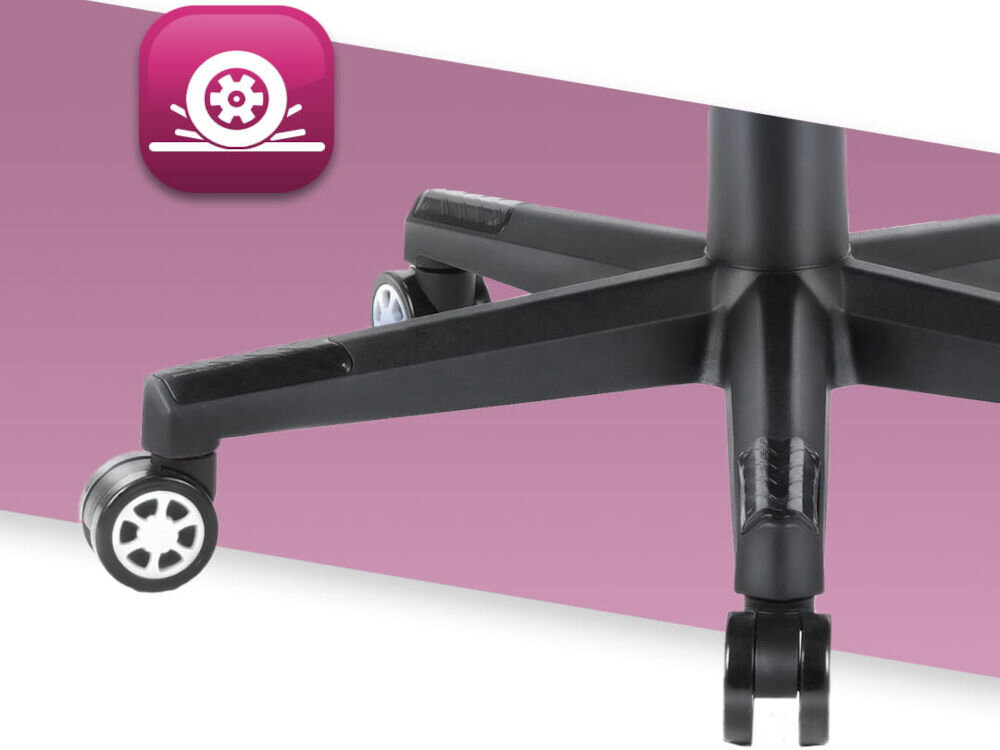 Fotel gamingowy HELL'S CHAIR HC-1004 Różowy zbliżenie na kółka na różowo-białym tle ikona kółek poliuretanowo-kauczukowa powłoka cicha i płynna praca ochrona podłogi