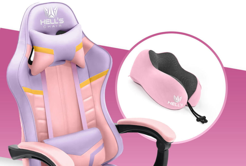 Fotel gamingowy HELL'S CHAIR HC-1004 Różowy prezentacja fotela pod kątem na różowo-białym tle oraz poduszki Memory U profilowana poduszka pianka Memory Foam dopasowanie do kształtu podniesienie poziomu komfortu