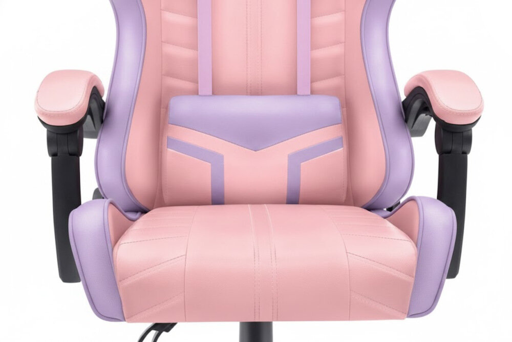 Fotel gamingowy HELL'S CHAIR HC-1004 Różowy zbliżenie na siedzisko i poduszkę fotela jasne tło dbałość o elementy trwała i praktyczna ekoskóra HDPL profilowana poduszka pod lędźwie tapicerowane podłokietniki