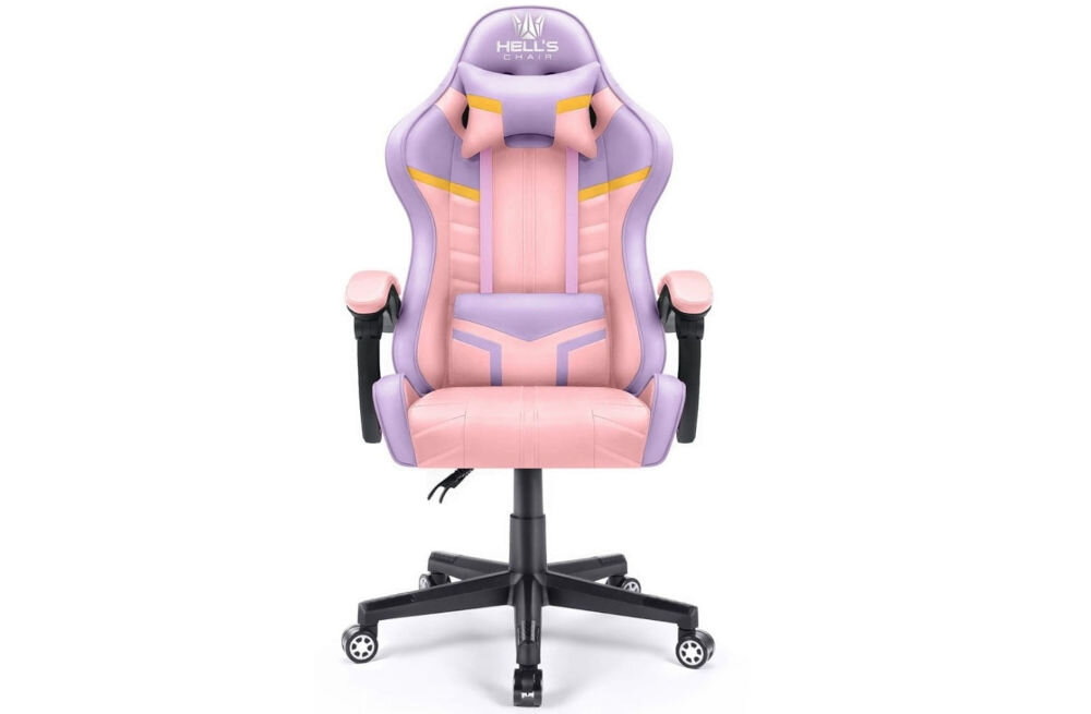 Fotel gamingowy HELL'S CHAIR HC-1004 Różowy prezentacja fotela od przodu na jasnym tle solidna konstrukcja wypełnienie z termo-elastycznej pianki Free Air zimnej pianki CF sprzyja utrzymaniu prawidłowej postawy