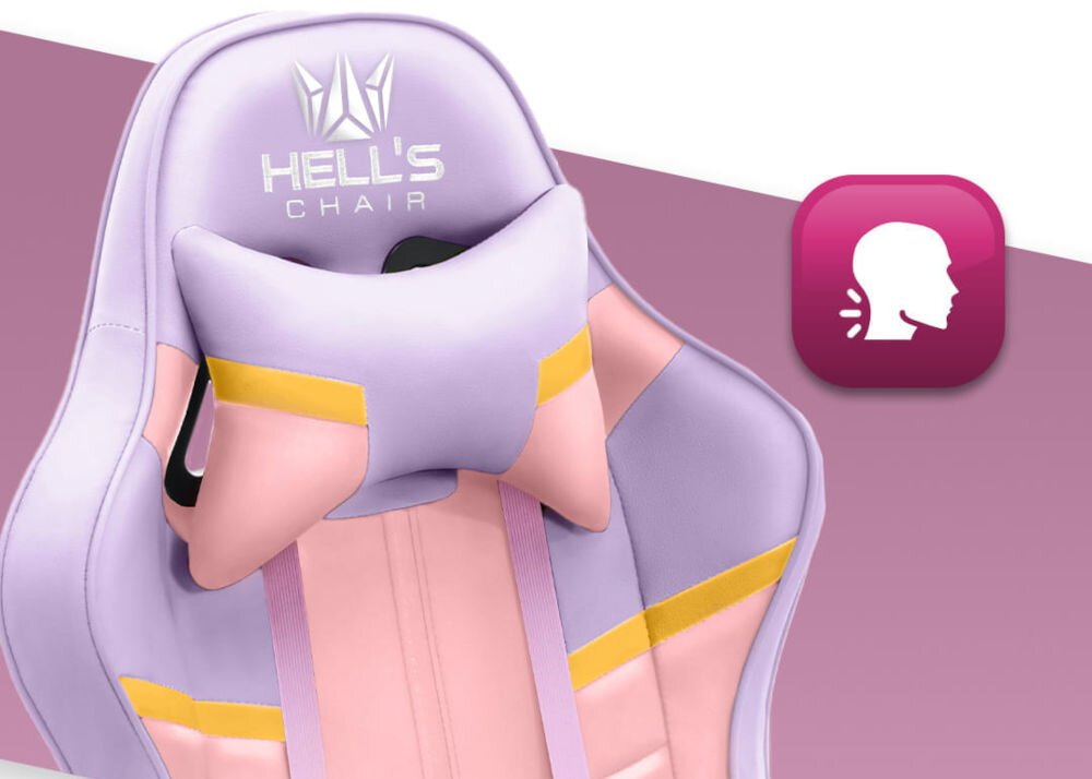 Fotel gamingowy HELL'S CHAIR HC-1004 Różowy zbliżenie na oparcie i poduszkę na różowo-białym tle ikona wyprofilowana poduszka wsparcie głowy i mięśni karku komfort suwak indywidualny poziom miękkości