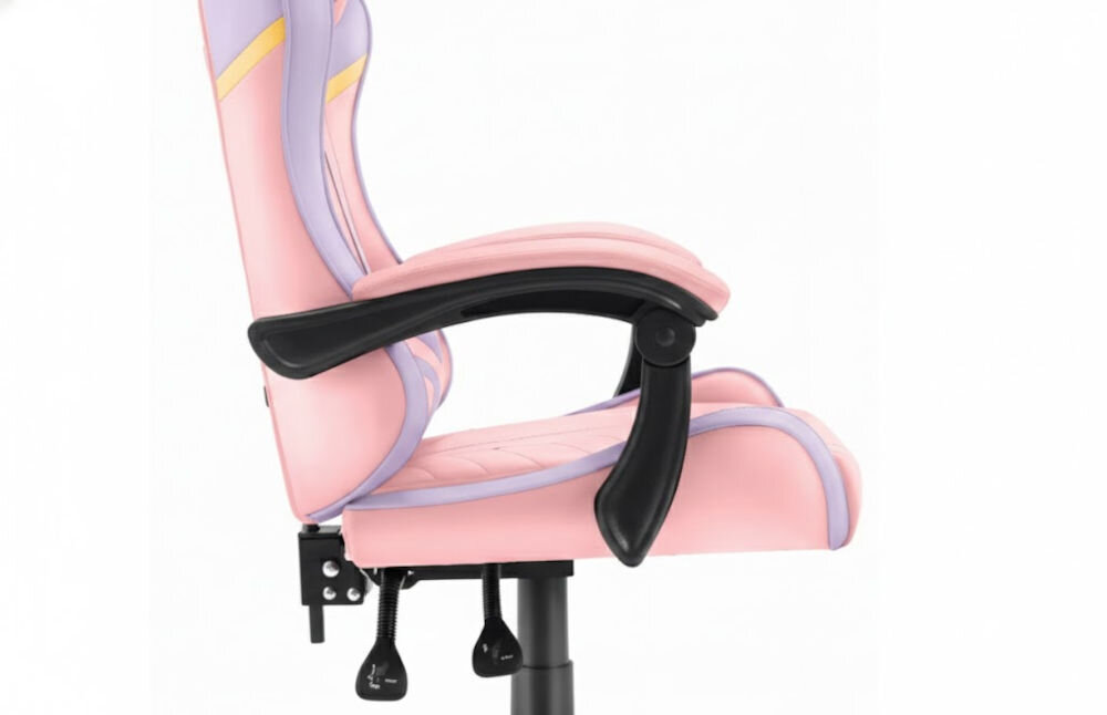 Fotel gamingowy HELL'S CHAIR HC-1004 Różowy zbliżenie na podłokietniki jasne tło miękkie wypełnienie solidne podparcie spójna stylistyka komfort przedramion