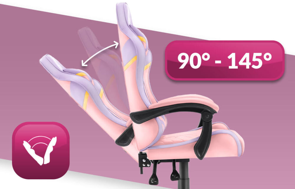 Fotel gamingowy HELL'S CHAIR HC-1004 Różowy prezentacja fotela od boku i jego możliwej regulacji na różowo-białym tle płynna regulacja kąta pochylenia oparcia zakres wygodna dźwignia optymalna pozycja dla komfortu