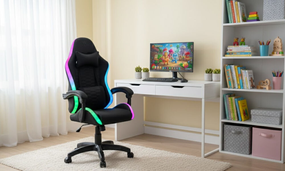 Fotel gamingowy HELL'S CHAIR HC- 1000 LED Kids Czarny prezentacja fotela w pokoju dziecięcym do 120 kg bezpieczne stabilne użytkowanie trwałość wygoda