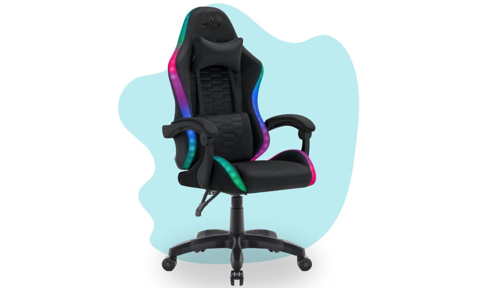 Fotel gamingowy HELL'S CHAIR HC- 1000 LED Kids Czarny prezentacja fotela od przodu pod kątem na niebiesko-białym tle wyróżniający się design komfort elegancka forma