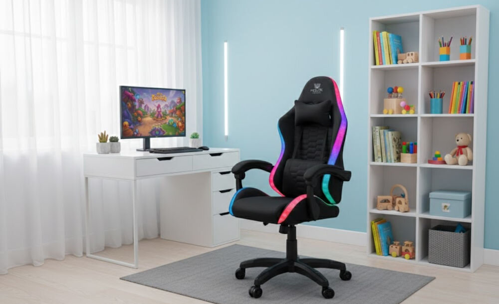 Fotel gamingowy HELL'S CHAIR HC- 1000 LED Kids Czarny prezentacja fotela pod kątem w pokoju dziecięcym