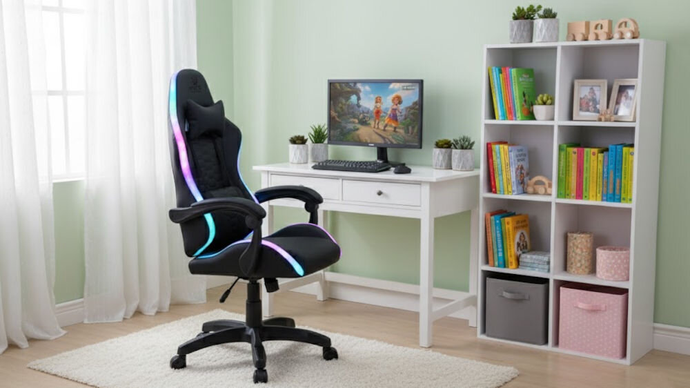 Fotel gamingowy HELL'S CHAIR HC- 1000 LED Kids Czarny prezentacja fotela od przodu na białym tle obok dziecko wzrost optymalne dopasowanie podparcie ciała komfort