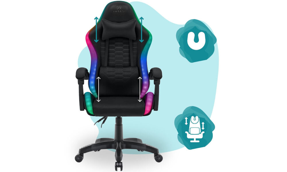 Fotel gamingowy HELL'S CHAIR HC- 1000 LED Kids Czarny prezentacja fotela na niebiesko-białym tle strzałkami zaznaczona możliwość regulacji poduszek ikony poduszka lędźwiowa poduszka wspierająca mięśnie karku odpowiednie podparcie dla ciała komfort suwak wymiana wypełnienia indywidualne potrzeby
