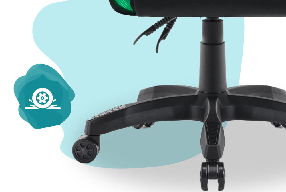 Fotel gamingowy HELL'S CHAIR HC- 1000 LED Kids Czarny zbliżenie na kółka na niebiesko-białym tle ikona kółek poliuretanowo-kauczukowa powłoka cicha i płynna praca ochrona podłogi