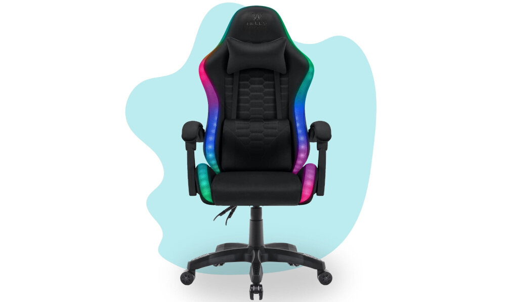 Fotel gamingowy HELL'S CHAIR HC- 1000 LED Kids Czarny prezentacja fotela od przodu na niebiesko-białym tle solidna konstrukcja wypełnienie z termo-elastycznej pianki Free Air zimnej pianki CF sprzyja utrzymaniu prawidłowej postawy