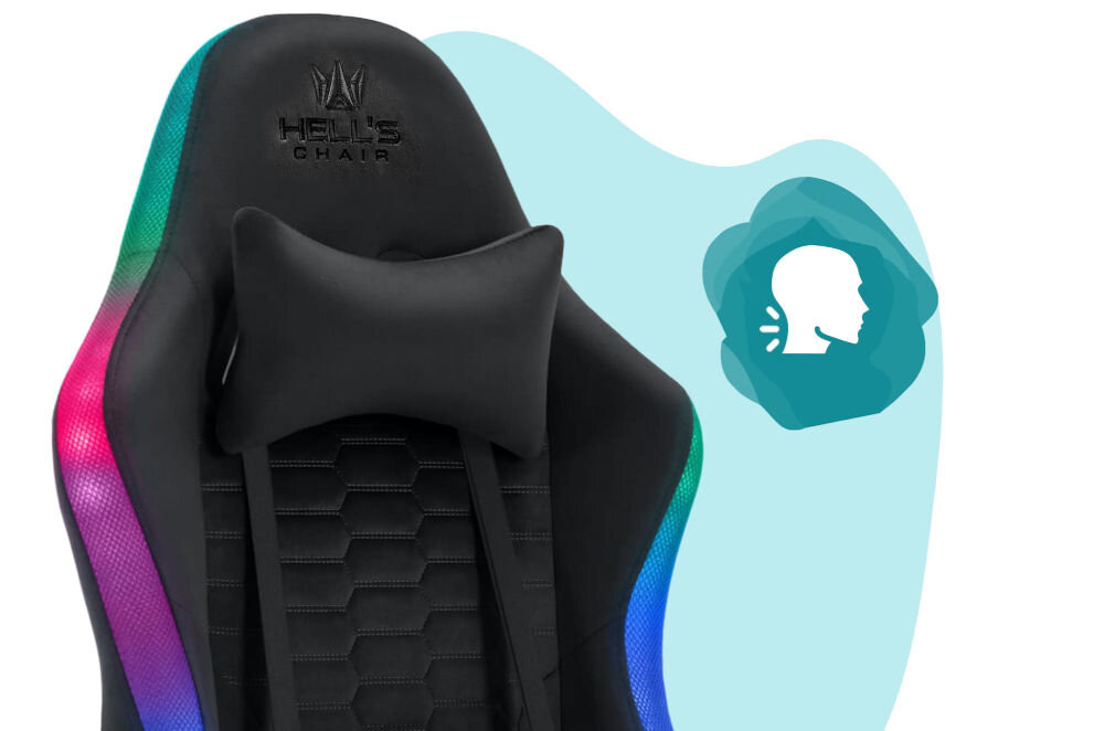 Fotel gamingowy HELL'S CHAIR HC- 1000 LED Kids Czarny zbliżenie na oparcie i poduszkę na niebiesko-białym tle ikona wyprofilowana poduszka wsparcie głowy i mięśni karku komfort suwak indywidualny poziom miękkości