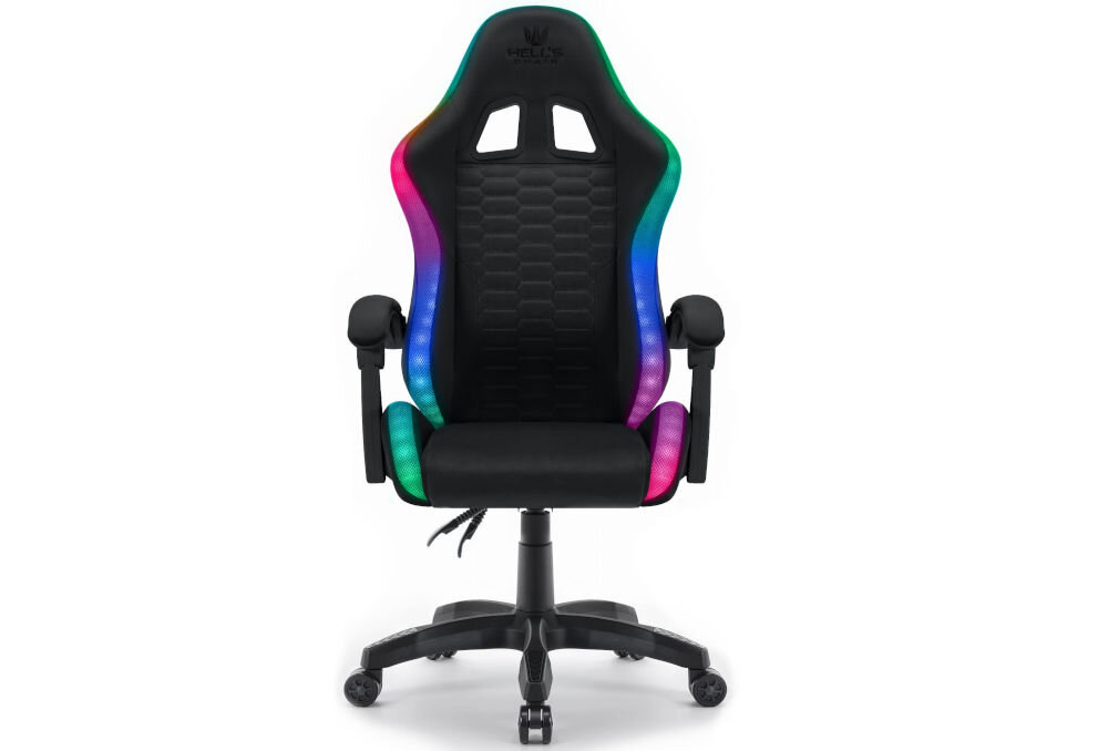 Fotel gamingowy HELL'S CHAIR HC- 1000 LED Kids Czarny prezentacja fotela od przodu na białym tle wyprofilowany kształt oparcia zapobieganie dolegliwościom bólowym kręgosłupa utrzymanie prawidłowej postawy komfort