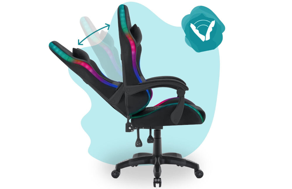 Fotel gamingowy HELL'S CHAIR HC- 1000 LED Kids Czarny prezentacja fotela od boku i jego możliwej regulacji na niebiesko-białym tle płynna regulacja kąta pochylenia oparcia wygodna dźwignia optymalna pozycja dla komfortu