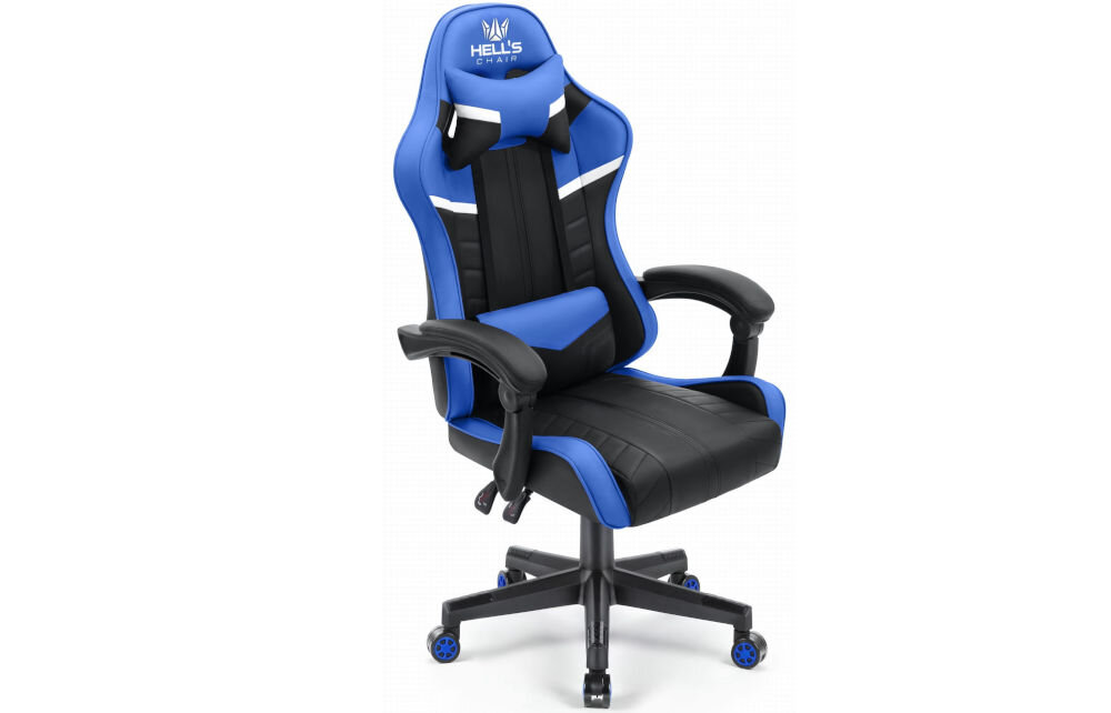 Fotel gamingowy HELL'S CHAIR HC-1004 Niebiesko-czarny prezentacja fotela od przodu pod kątem na jasnym tle wyróżniający się design komfort elegancka forma