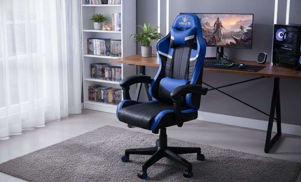 Fotel gamingowy HELL'S CHAIR HC-1004 Niebiesko-czarny prezentacja fotela przed biurkiem w pokoju wzrost optymalne dopasowanie podparcie ciała komfort