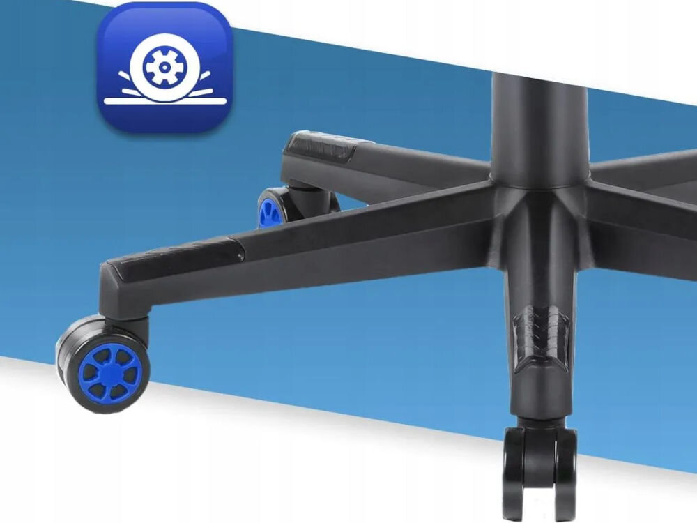 Fotel gamingowy HELL'S CHAIR HC-1004 Niebiesko-czarny zbliżenie na kółka na niebiesko-białym tle ikona kółek poliuretanowo-kauczukowa powłoka cicha i płynna praca ochrona podłogi