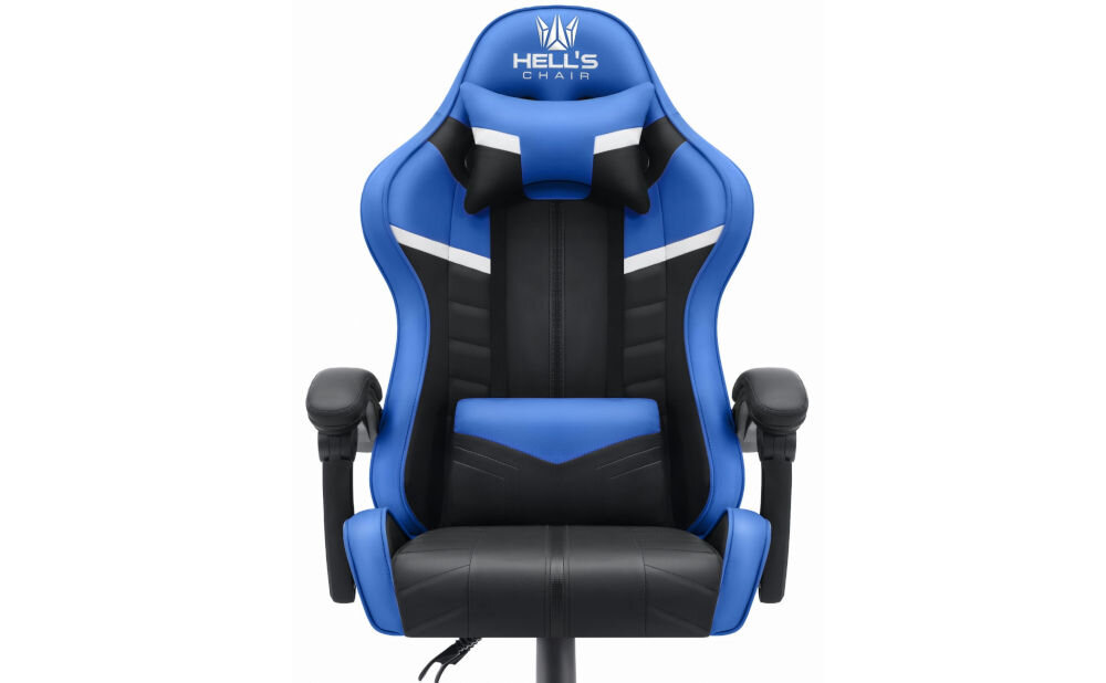 Fotel gamingowy HELL'S CHAIR HC-1004 Niebiesko-czarny prezentacja fotela od przodu na białym tle wymiary stabilność