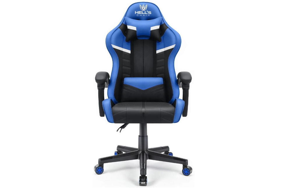 Fotel gamingowy HELL'S CHAIR HC-1004 Niebiesko-czarny prezentacja fotela od przodu na jasnym tle solidna konstrukcja wypełnienie z termo-elastycznej pianki Free Air zimnej pianki CF sprzyja utrzymaniu prawidłowej postawy