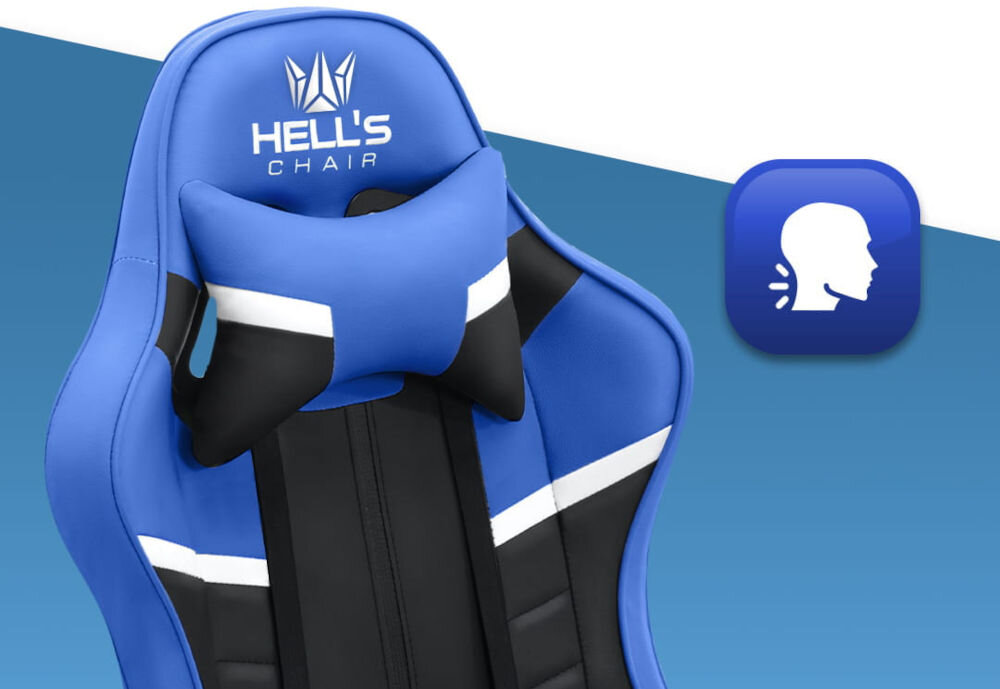 Fotel gamingowy HELL'S CHAIR HC-1004 Niebiesko-czarny zbliżenie na oparcie i poduszkę na niebiesko-białym tle ikona wyprofilowana poduszka wsparcie głowy i mięśni karku komfort suwak indywidualny poziom miękkości