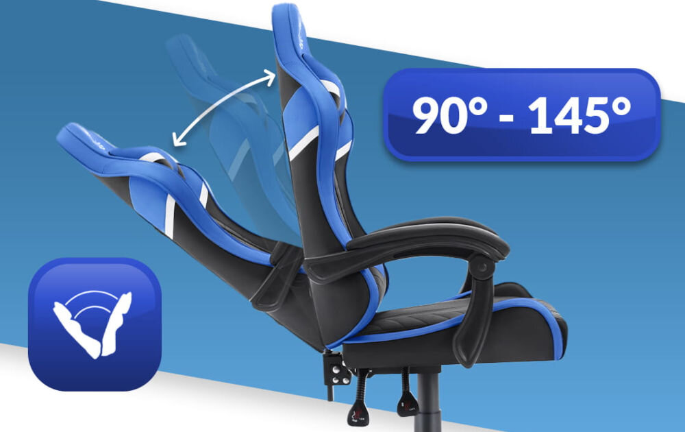 Fotel gamingowy HELL'S CHAIR HC-1004 Niebiesko-czarny prezentacja fotela od boku i jego możliwej regulacji na niebiesko-białym tle płynna regulacja kąta pochylenia oparcia zakres wygodna dźwignia optymalna pozycja dla komfortu