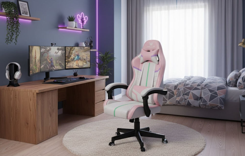 Fotel HELL'S CHAIR HC-1004 Różowy prezentacja fotela w pokoju przy biurku do 120 kg bezpieczne stabilne użytkowanie trwałość wygoda