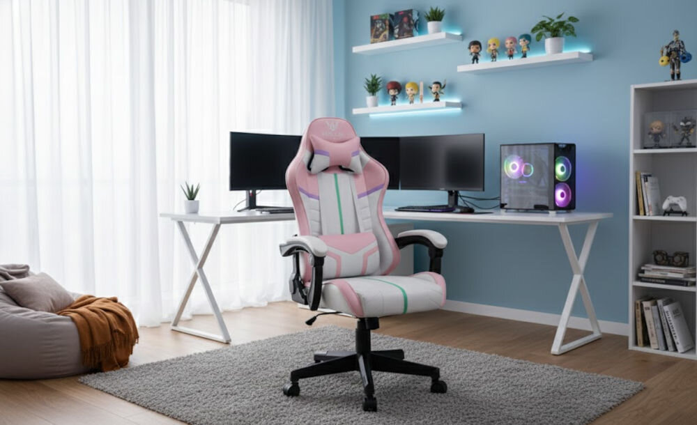 Fotel HELL'S CHAIR HC-1004 Różowy prezentacja fotela przed biurkiem w pokoju wzrost optymalne dopasowanie podparcie ciała komfort