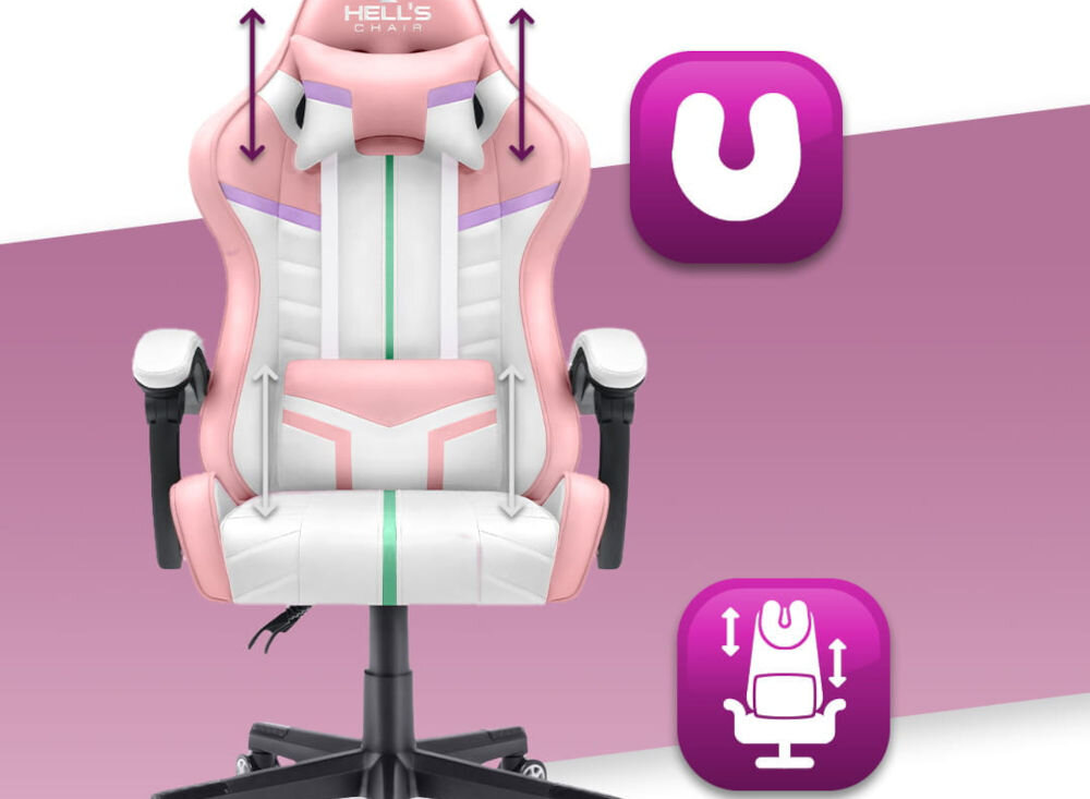 Fotel HELL'S CHAIR HC-1004 Różowy prezentacja fotela na różowo-białym tle strzałkami zaznaczona możliwość regulacji poduszek ikony poduszka lędźwiowa poduszka wspierająca mięśnie karku odpowiednie podparcie dla ciała komfort suwak wymiana wypełnienia indywidualne potrzeby