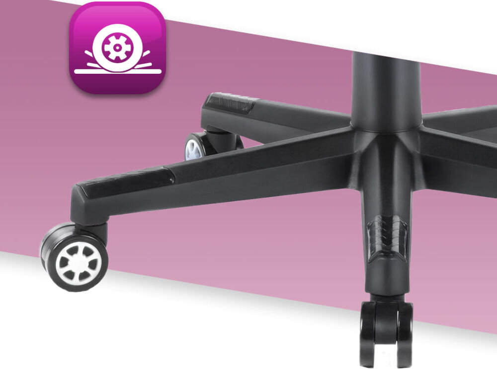 Fotel HELL'S CHAIR HC-1004 Różowy zbliżenie na kółka na różowo-białym tle ikona kółek poliuretanowo-kauczukowa powłoka cicha i płynna praca ochrona podłogi