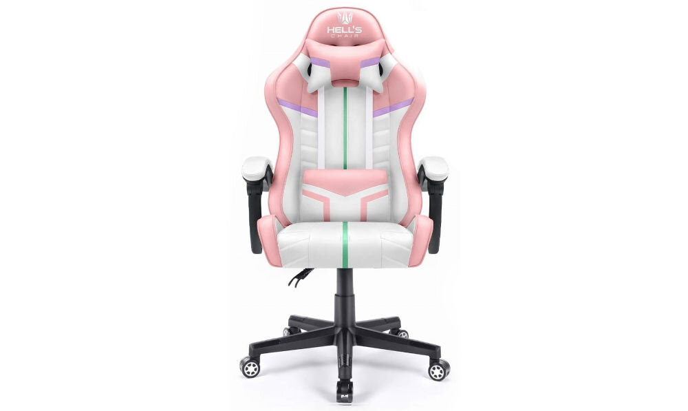 Fotel HELL'S CHAIR HC-1004 Różowy prezentacja fotela od przodu na jasnym tle solidna konstrukcja wypełnienie z termo-elastycznej pianki Free Air zimnej pianki CF sprzyja utrzymaniu prawidłowej postawy