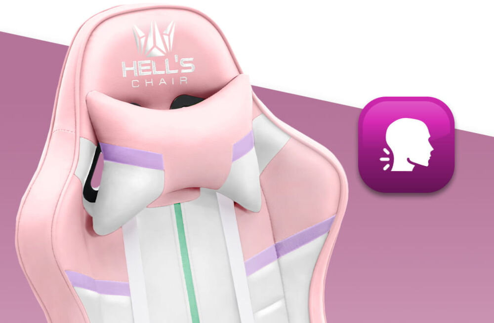 Fotel HELL'S CHAIR HC-1004 Różowy zbliżenie na oparcie i poduszkę na różowo-białym tle ikona wyprofilowana poduszka wsparcie głowy i mięśni karku komfort suwak indywidualny poziom miękkości