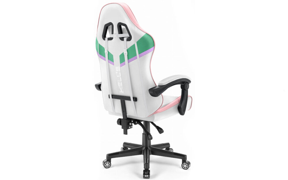 Fotel HELL'S CHAIR HC-1004 Różowy prezentacja fotela od tyłu pod kątem na jasnym tle wyprofilowany kształt oparcia zapobieganie dolegliwościom bólowym kręgosłupa utrzymanie prawidłowej postawy komfort