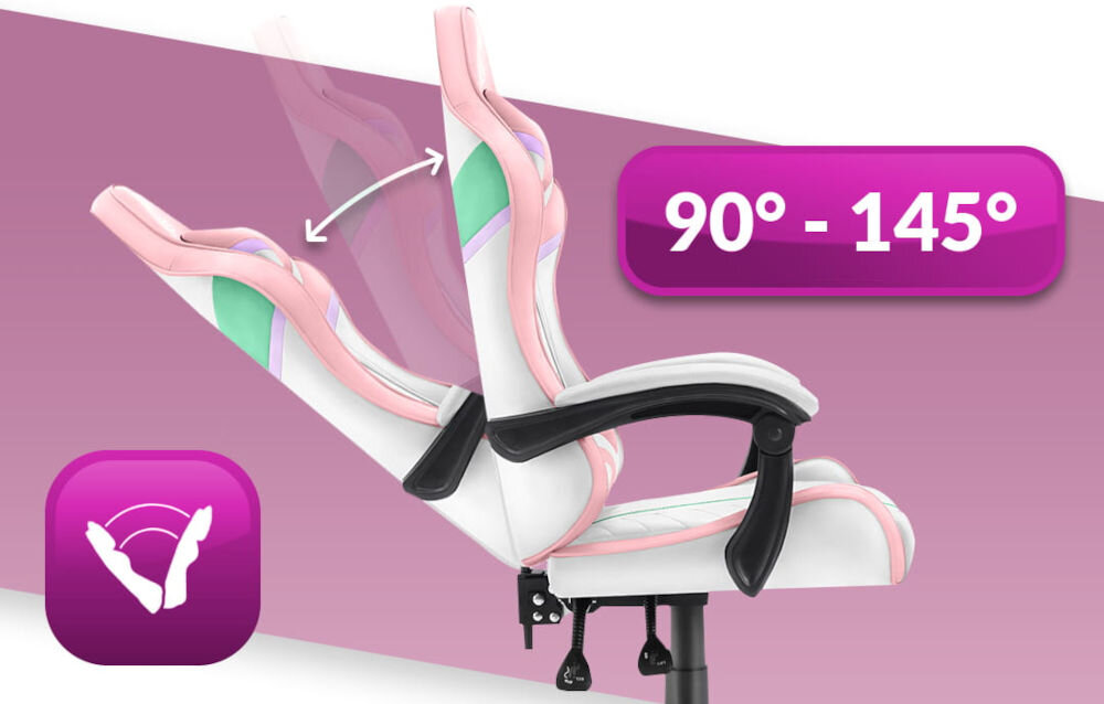 Fotel HELL'S CHAIR HC-1004 Różowy prezentacja fotela od boku i jego możliwej regulacji na różowo-białym tle płynna regulacja kąta pochylenia oparcia zakres wygodna dźwignia optymalna pozycja dla komfortu
