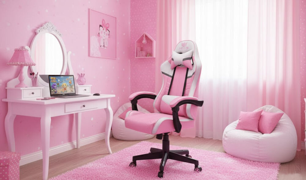 Fotel HELL'S CHAIR HC-1004 Kids Różowo-biało-szary prezentacja fotela w pokoju dziecięcym do 120 kg bezpieczne stabilne użytkowanie trwałość wygoda