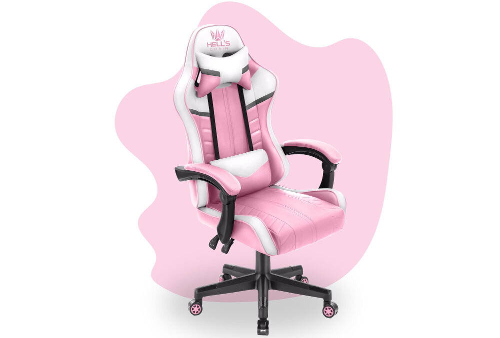 Fotel HELL'S CHAIR HC-1004 Kids Różowo-biało-szary prezentacja fotela od przodu pod kątem na różowo-białym tle wyróżniający się design komfort elegancka forma