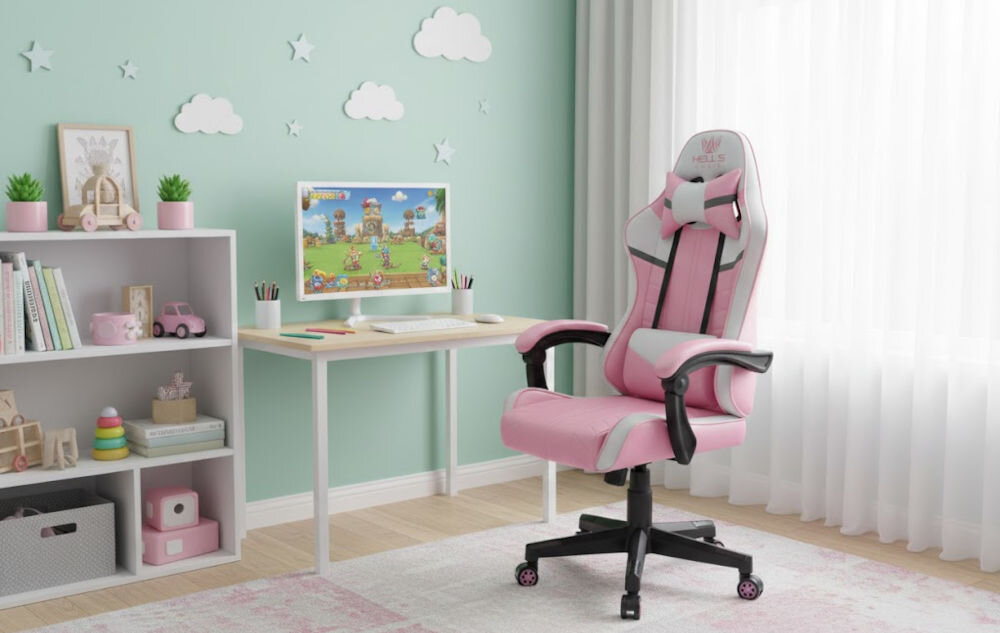 Fotel HELL'S CHAIR HC-1004 Kids Różowo-biało-szary prezentacja fotela pod kątem w pokoju dziecięcym