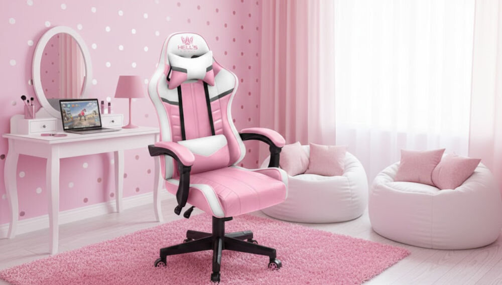 Fotel HELL'S CHAIR HC-1004 Kids Różowo-biało-szary prezentacja fotela pod kątem w pokoju dziecięcym wzrost optymalne dopasowanie podparcie ciała komfort