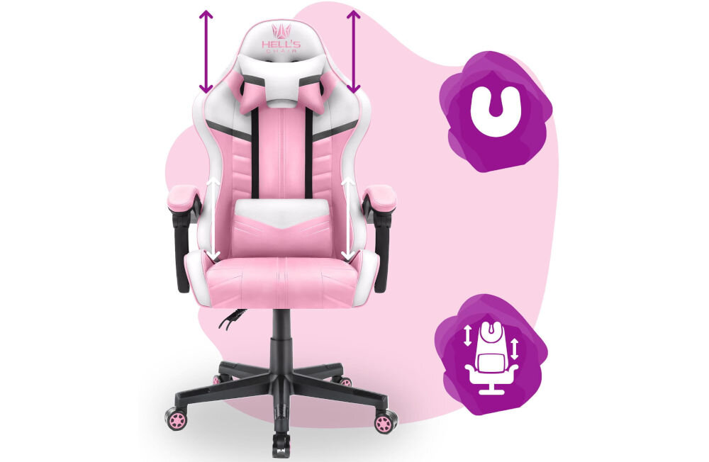 Fotel HELL'S CHAIR HC-1004 Kids Różowo-biało-szary prezentacja fotela na różowo-białym tle strzałkami zaznaczona możliwość regulacji poduszek ikony poduszka lędźwiowa poduszka wspierająca mięśnie karku odpowiednie podparcie dla ciała komfort suwak wymiana wypełnienia indywidualne potrzeby