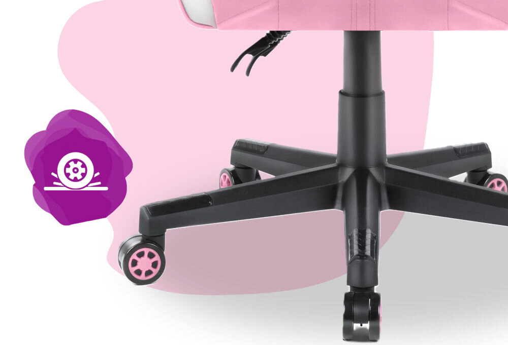 Fotel HELL'S CHAIR HC-1004 Kids Różowo-biało-szary zbliżenie na kółka na różowo-białym tle ikona kółek poliuretanowo-kauczukowa powłoka cicha i płynna praca ochrona podłogi