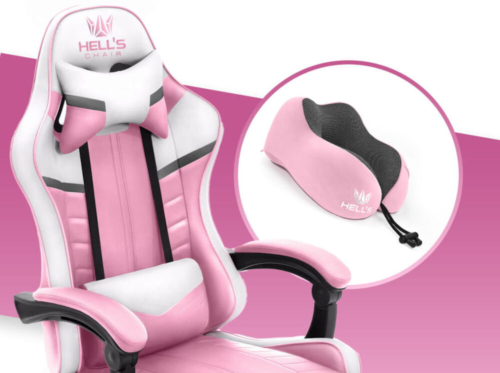 Fotel HELL'S CHAIR HC-1004 Kids Różowo-biało-szary prezentacja fotela pod kątem na różowo-białym tle oraz poduszki Memory U profilowana poduszka pianka Memory Foam dopasowanie do kształtu podniesienie poziomu komfortu