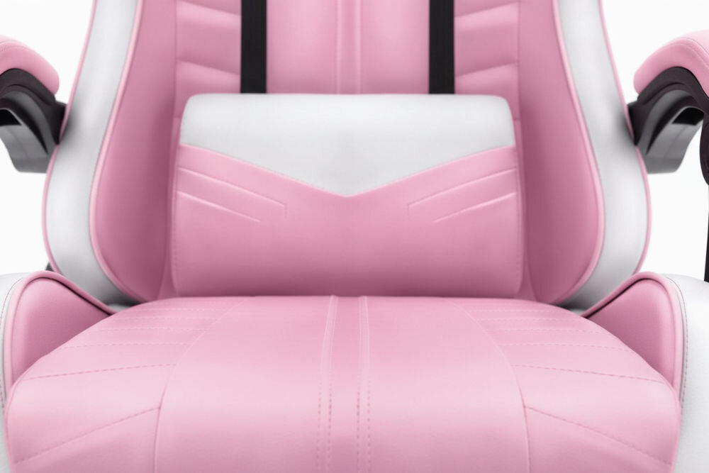Fotel HELL'S CHAIR HC-1004 Kids Różowo-biało-szary zbliżenie na siedzisko i poduszkę fotela białe tło dbałość o elementy trwała i praktyczna ekoskóra HDPL profilowana poduszka pod lędźwie tapicerowane podłokietniki